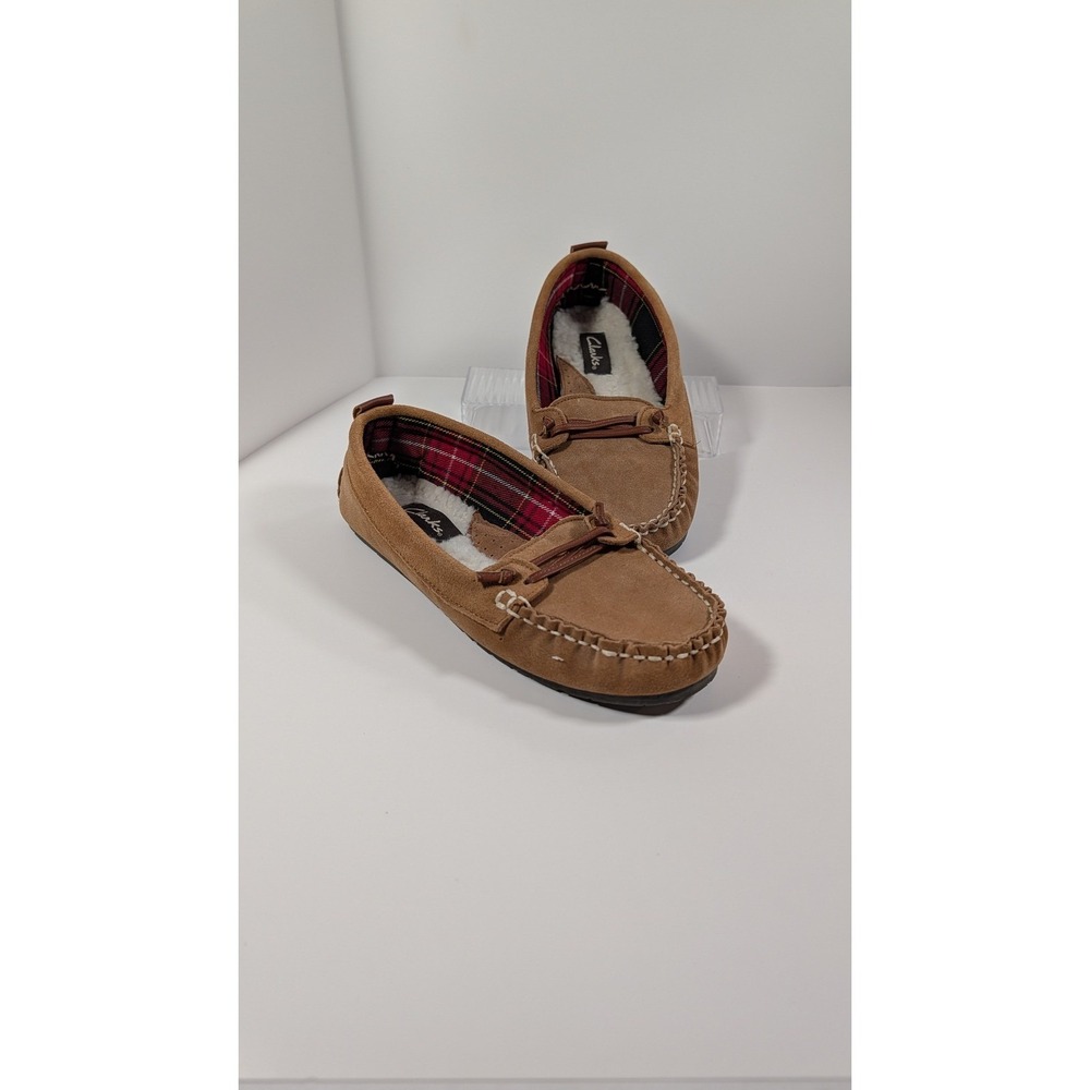 Clarks Women Suede Moccasin Slippers Tan Brown Plaid Faux Shearling Lining